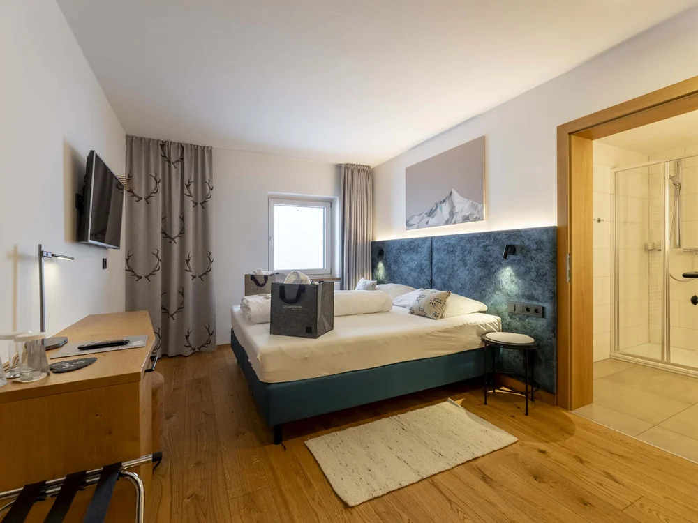 Camera d'albergo moderna con letto singolo, bagno e mobili in legno